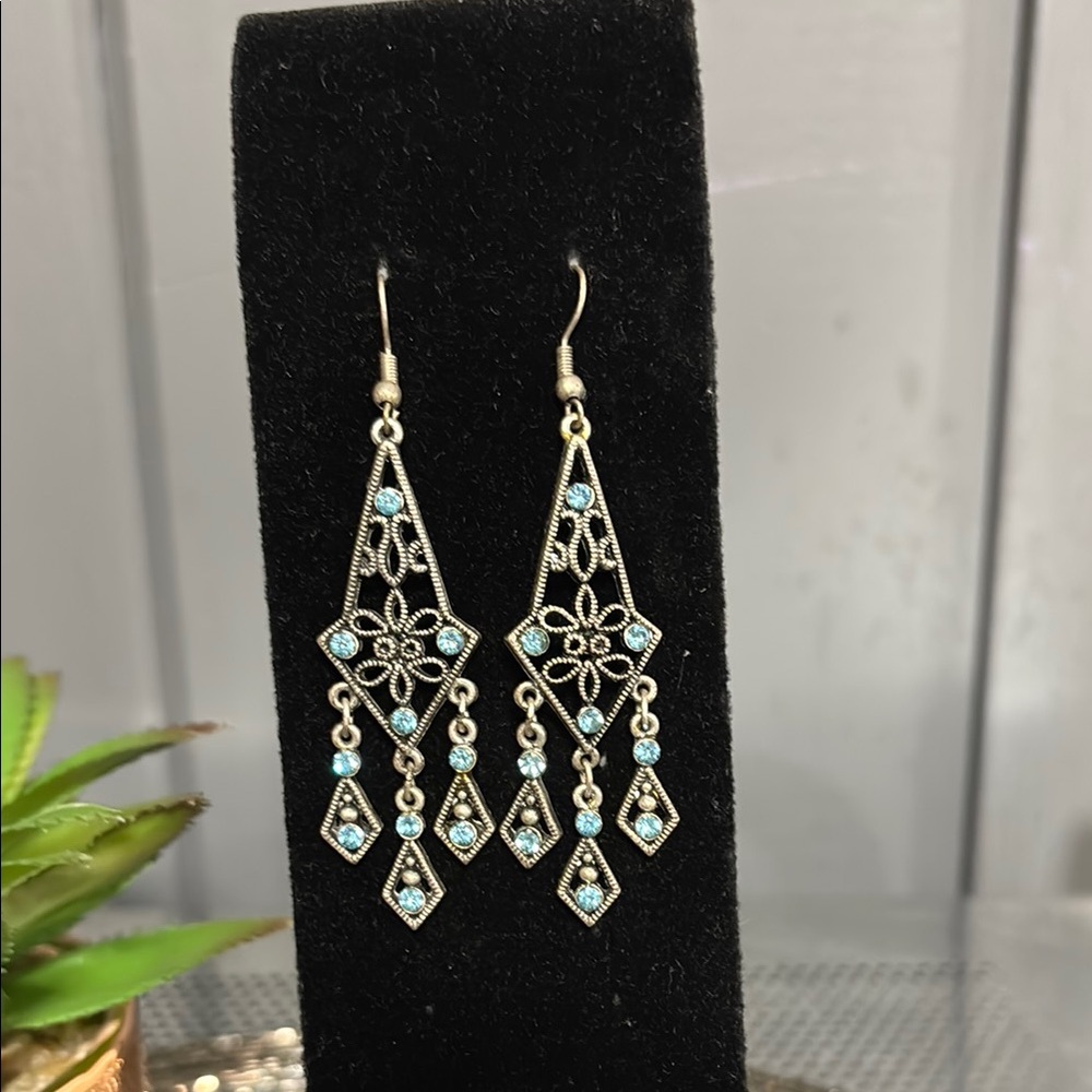 Elegant Silver and Blue Chandelier Earrings